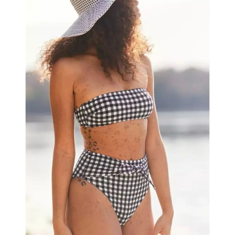 Aerie Women’s Black and White Gingham Seersucker Tie High Cut Cheeky Bikini Bott